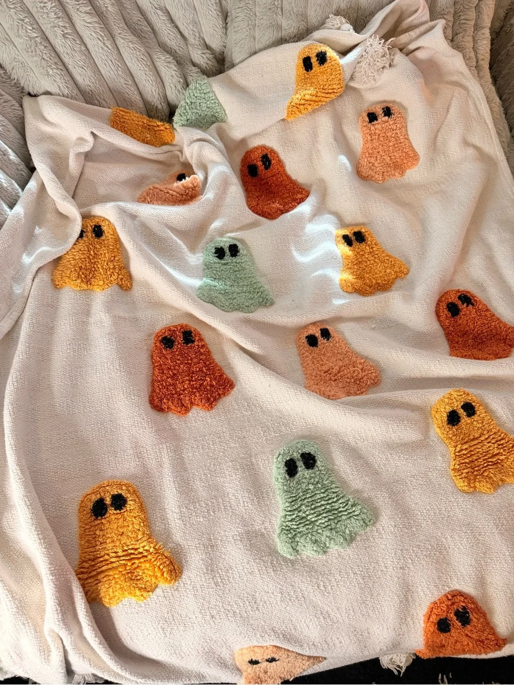 Us Angels Cream Throw Blanket with Orange, Yellow, Green & Peach Ghost Appliqués